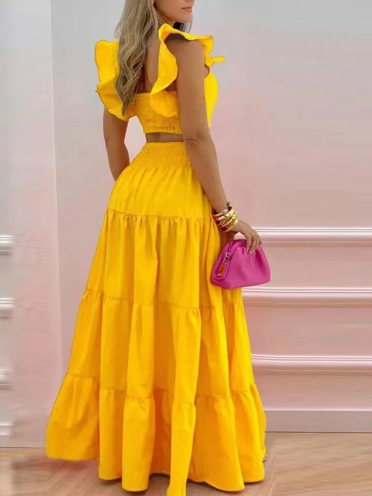 New Sexy Solid Two Suit Dress Women's Fashion Casual Loose Top Maxi