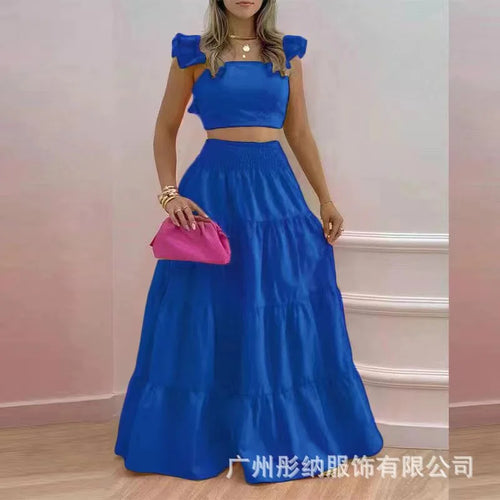 New Sexy Solid Two Suit Dress Women's Fashion Casual Loose Top Maxi