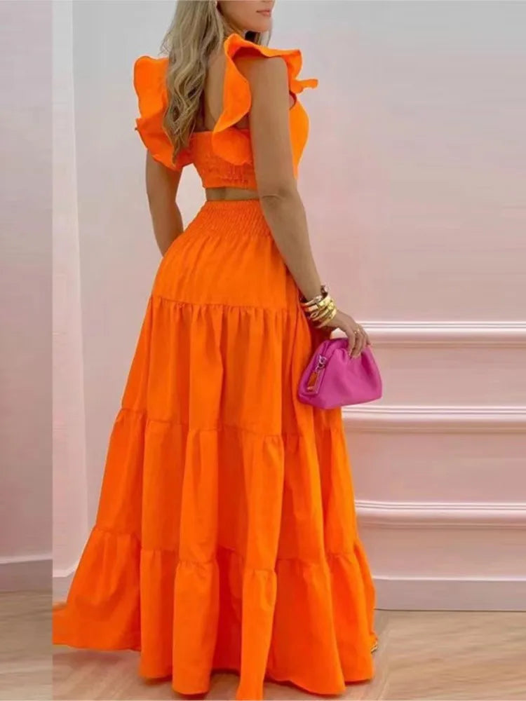 New Sexy Solid Two Suit Dress Women's Fashion Casual Loose Top Maxi