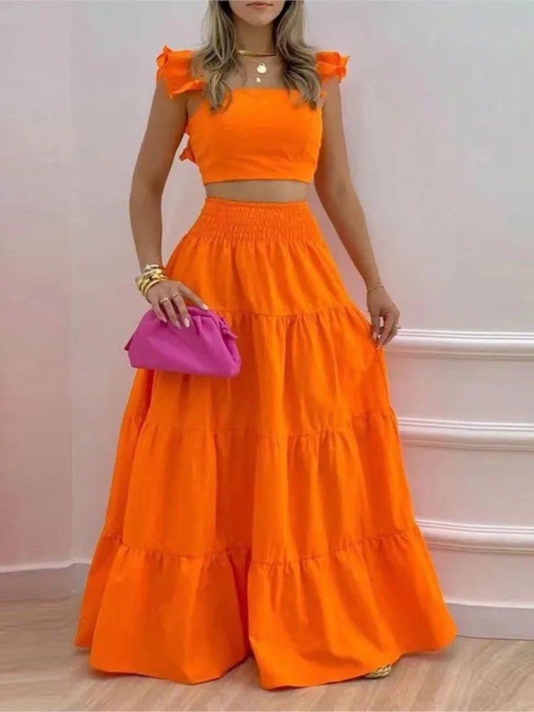 New Sexy Solid Two Suit Dress Women's Fashion Casual Loose Top Maxi
